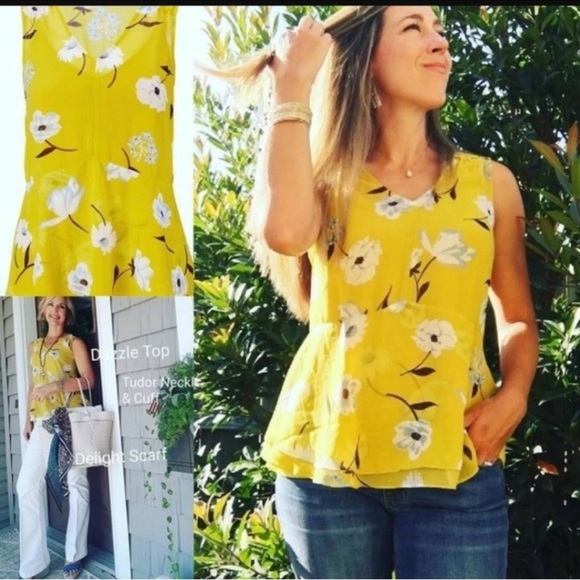 CAbi Yellow Floral Sleeveless Top blue small blouse shirt casual silky a-line - Picture 2 of 4
